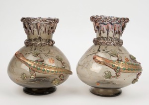 MOSER pair of antique Bohemian glass vases with applied lizards and enamel decoration, 19th century, ​​​​​​​21cm high