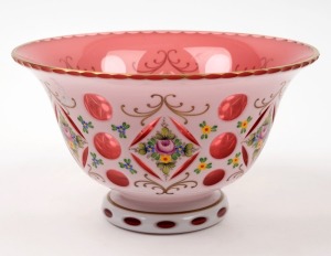 An Italian ruby overlay glass bowl with floral enamel decoration, 20th century, ​​​​​​​13.5cm high, 23.5cm diameter