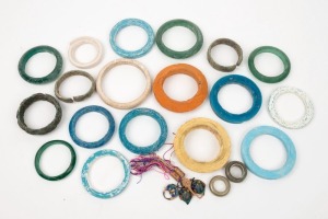 A collection of antique Asian glass, ceramic and bronze bangles, mixed vintages, (21 items). Note: These bangles were collected by an Australian Diplomat in Korea during the early 1960s.