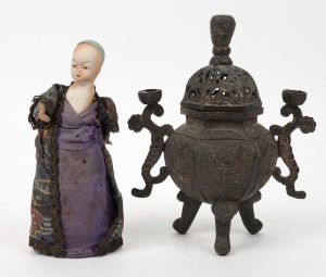 A Chinese porcelain doll in hand-made costume, together with a Chinese bronze censer, (2 items), 20cm and 22cm high
