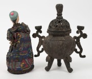 A Chinese porcelain doll in hand-made costume, together with a Chinese bronze censer, (2 items), ​​​​​​​20cm and 22cm high - 2