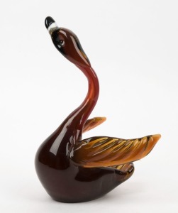 An amber glass swan ornament, acid etched mark to base, 21.5cm high