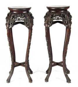 A pair of Japanese tall marble top tables, with cabriole legs, early 20th century, 95cm high, 27cm diameter