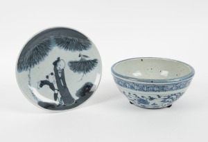 Chinese blue and white porcelain bowl, together with a Japanese plate, 19th/20th century, (2 items), the bowl 9.5cm high, 19cm diameter