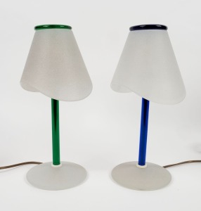 A pair of art glass table lamps with frosted finish and blue and green trim, 37cm high