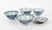 Seven assorted antique blue and white porcelain dishes and a Chinese pewter tea caddy, (8 items), the caddy 12cm high - 3