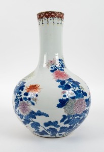 A Chinese blue and white porcelain vase with floral enamel decoration, 20th century, 41cm high