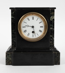 An antique French mantel clock in black slate case with green marble trim, timepiece only with Roman numerals, 19th century, 22cm high