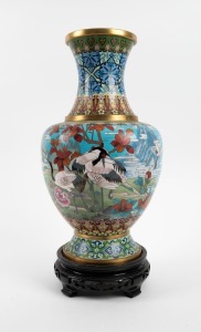 A Chinese cloisonne vase with crane decoration, on carved timber stand, 20th century, 44cm high overall