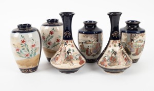 SATSUMA group of three pairs of Japanese earthenware vases on blue grounds with gilded highlights, Meiji period, early 20th century, (6 items), the largest 19cm high