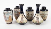 SATSUMA group of three pairs of Japanese earthenware vases on blue grounds with gilded highlights, Meiji period, early 20th century, (6 items), the largest 19cm high - 2