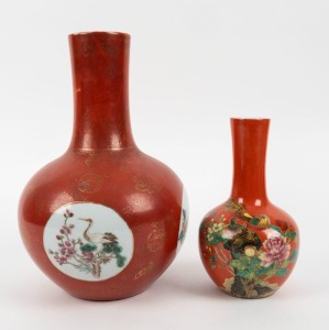 Two Chinese porcelain vases with orange/red grounds, 20th century, ​​​​​​​33cm and 23cm high