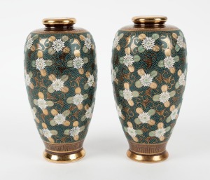 SATSUMA pair of Japanese vases with green floral motif, Meiji period, 20th century, red seal mark to base, 18cm high