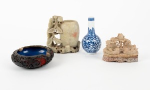 Two Chinese carved stone ornaments, a miniature blue and white porcelain vase and a Chinese lacquer ware ashtray, 20th century, (4 items), the largest 10cm high
