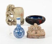 Two Chinese carved stone ornaments, a miniature blue and white porcelain vase and a Chinese lacquer ware ashtray, 20th century, (4 items), the largest 10cm high - 2