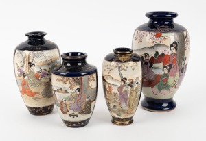 SATSUMA group of four assorted Japanese earthenware vases on blue grounds with gilded highlights, Meiji period, 20th century, the largest 22cm high