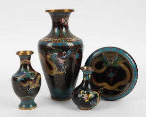 Chinese cloisonne dragon bowl and three assorted cloisonne dragon vases, (4 items), 23.5cm high