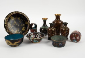 Four assorted Chinese cloisonne vases (two with stands), three napkin rings, four bowls, and a lidded box, 19th and 20th century, (12 items), the largest vase 15cm high