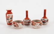 KUTANI ware Japanese porcelain sake bottle, two pairs of vases, pair of pinch bowls, baluster vase adorned with figures, and a miniature vase, Meiji period, 19th/20th century, (9 items), ​​​​​​​the largest 20.5cm high - 3