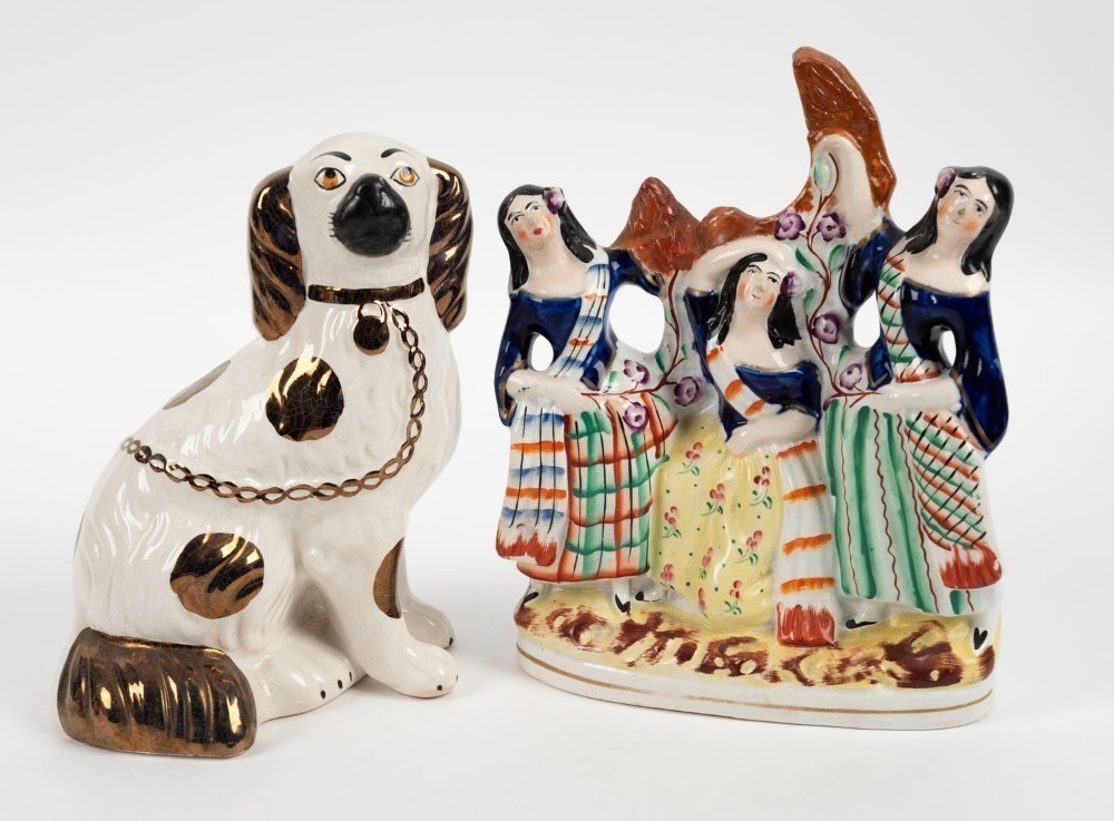 STAFFORDSHIRE pottery statues and a pair of parrot statues, 19th and ...