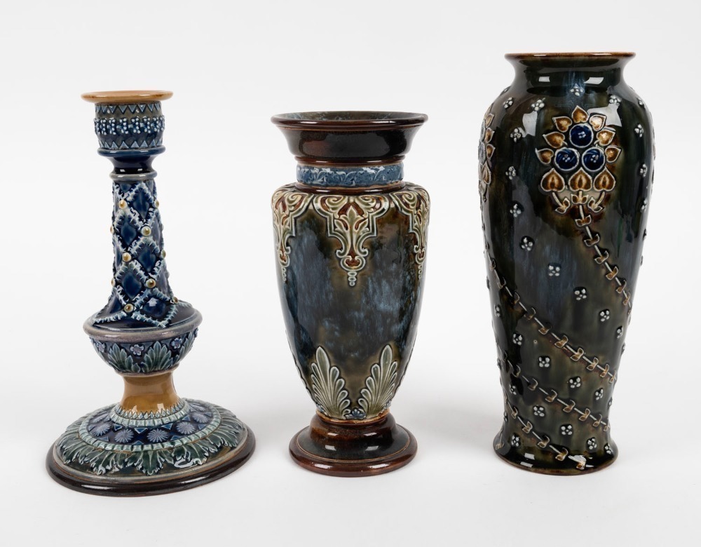 DOULTON LAMBETH pottery candlestick, together with two ROYAL DOULTON ...