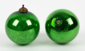 WITCHES BALLS, a pair of antique green glass examples, 19th century, 9cm high
