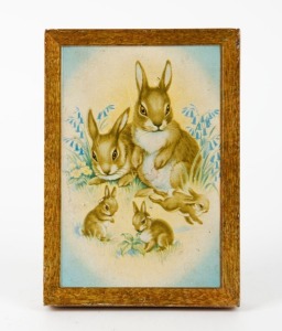 CHAD VALLEY vintage English tin lithograph money box with rabbits, 20th century (with original key), 15.5cm high.