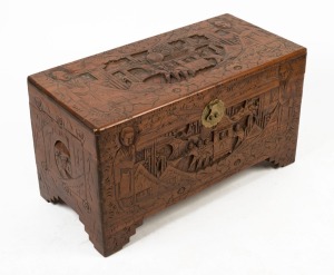 A vintage Chinese carved camphor wood chest, early to mid 20th century, ​​​​​​​48cm high, 88cm wide, 42cm deep