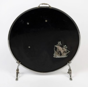 An Art Deco circular black metal and chrome fire screen, circa 1930s, 75cm high