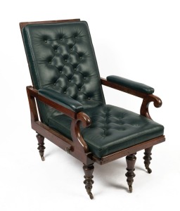 An antique English mahogany reclining library chair, caned frame with dark green leather upholstered diamond button cushions, scroll arms, ring turned feet and original brass castors, circa 1840, 94cm high, 62cm across the arms