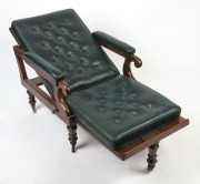 An antique English mahogany reclining library chair, caned frame with dark green leather upholstered diamond button cushions, scroll arms, ring turned feet and original brass castors, circa 1840, 94cm high, 62cm across the arms - 3