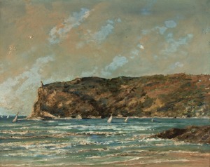 ARTIST UNKNOWN, (lighthouse and headland), oil on board, signed lower left (illegible), ​​​​​​​56 x 70cm, 67 x 81cm overall