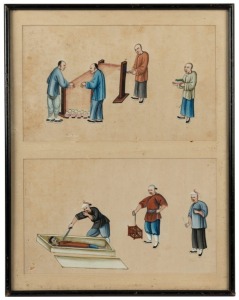 A pair of antique Chinese paintings on silk depicting silk weaving and torture, Qing Dynasty, framed together, 47 x 37cm overall