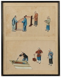 A pair of antique Chinese paintings on silk depicting silk weaving and torture, Qing Dynasty, ​​​​​​​framed together, 47 x 37cm overall