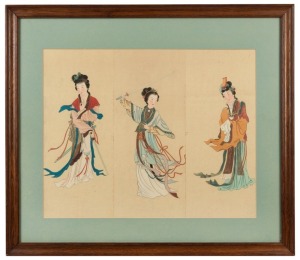 A Chinese three page painting of female figures, 19th/20th century, ​​​​​​​40 x 51cm, 60 x 69cm overall