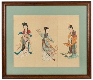 A Chinese three page painting of female figures, 19th/20th century, 40 x 51cm, 60 x 69cm overall