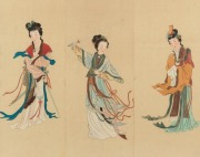 A Chinese three page painting of female figures, 19th/20th century, ​​​​​​​40 x 51cm, 60 x 69cm overall - 2