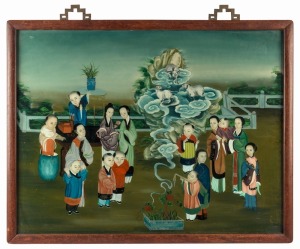 An antique Chinese reverse glass painting, 19th century, 69 x 90cm, 76 x 95cm overall