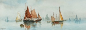 INA M. HANDS, (boats), watercolour, signed lower left "Ina M. Hands, 1916", 18 x 50cm, 35 x 67cm overall