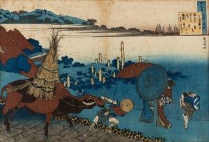 An antique Japanese woodblock print of figures and oxen in landscape, Meiji period, 19th century, 24 x 36cm, 41 x 54cm overall