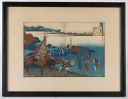 An antique Japanese woodblock print of figures and oxen in landscape, Meiji period, 19th century, ​​​​​​​24 x 36cm,&nbsp; 41 x 54cm overall - 2
