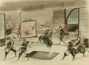 JAPANESE SCHOOL, Dojo scene with samurai, watercolour, 39 x 53cm, 64 x 76cm overall