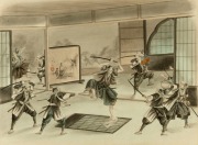 JAPANESE SCHOOL, Dojo scene with samurai, watercolour, ​​​​​​​39 x 53cm, 64 x 76cm overall