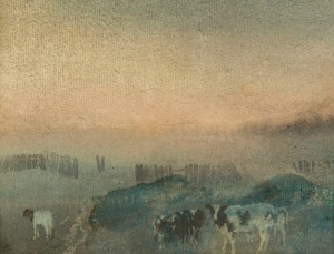 ARTIST UNKNOWN, (dairy cattle in landscape), watercolour, ​​​​​​​16 x 21cm, 31 x 40cm overall