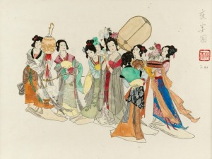 A Japanese woodblock print of a group of ladies, signed upper right, 37 x 49cm overall