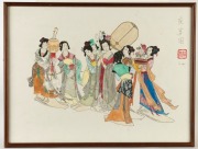 A Japanese woodblock print of a group of ladies, signed upper right, 37 x 49cm overall - 2