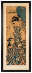 An antique two page Japanese woodblock print of a Geisha and child, Edo/Meiji period, 19th century, 72 x 24cm, 85 x 35cm overall