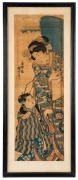 An antique two page Japanese woodblock print of a Geisha and child, Edo/Meiji period, 19th century, 72 x 24cm, 85 x 35cm overall