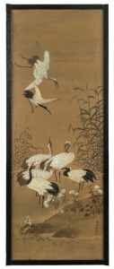An antique Japanese silk embroidery of cranes with hand-painted finish, signed lower right, Meiji period, 19th century, 116 x 44cm overall