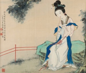 An antique Chinese painting on silk of a lady, signed on the left with additional poem inscription, Qing Dynasty 19th/20th century, 42 x 50cm, 61 x 68cm overall